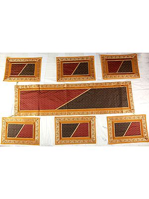 Seven Piece Orange and Amber Dinner Set with Golden Thread Weave