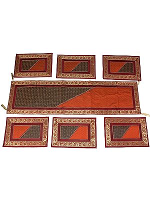 Seven Piece Rust and Black Dinner Set with Golden Thread Weave and Brocaded Border