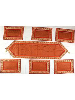 Seven Piece Rust Banarasi Dinner Set with Golden Thread Weave and Brocaded Border