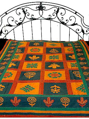 Single Bed Bedspread with Kantha Stitch Printed with Auspicious Motifs