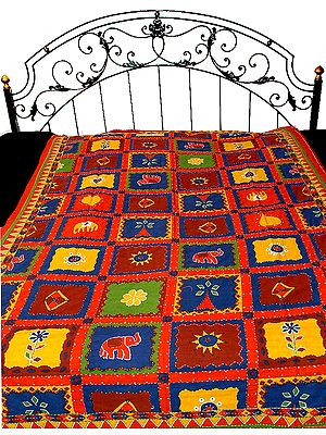 Single Bed Bedspread with Kantha Stitch Printed with Auspicious Motifs