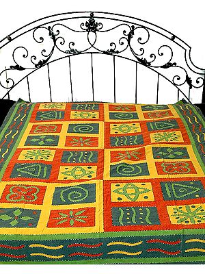 Single Bed Bedspread with Kantha Stitch Printed with Auspicious Motifs