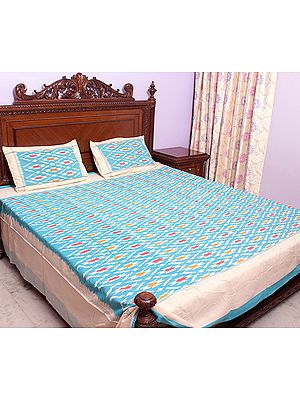 Sky-Blue Bedspread with Ikat Weave Hand-Woven in Pochampally