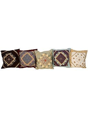 Lot of Five Cushion Cover with Floral Embroidery and Lace