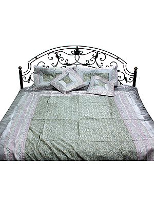 Strom-Gray Five-Piece Banarasi Bedspread with Tanchoi Weave All-Over and Brocaded Border