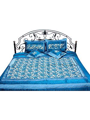Swedish-Blue Five-Piece Banarasi Bedcover with Woven Flowers and Brocade Border