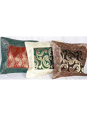 Lot of Three Banarasi Cushion Covers with Brocade Woven Paisleys