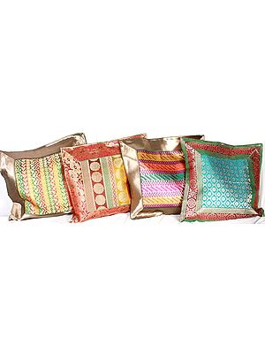 Lot of Four Banarasi Cushion Covers with Brocade Weave