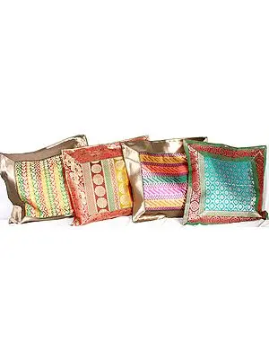 Lot of Four Banarasi Cushion Covers with Brocade Weave