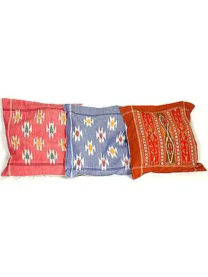 Lot of Three Cushion Covers from Hyderabad with Ikat Weave