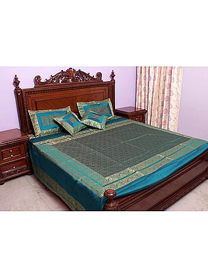 Sea-Green Tanchoi Bedcover from Banaras with All-Over Weave