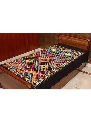 Black Single-Bed Batik Bedspread from Kutch with All-Over Embroidery and Mirrors