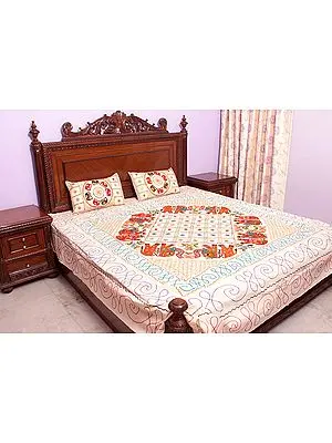 Ivory Gujarati Bedspread with Appliqué Elephants and All-Over Embroidery