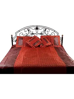Cordovan and Red Tanchoi Bedcover from Banaras with All-Over Tanchoi Weave