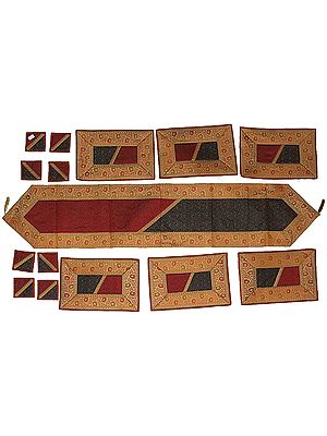 Cordovan and Red Thirteen Piece Banarasi Dinner Set with Golden Thread Weave and Brocaded Border