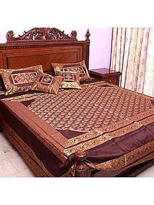 Brown Brocaded Bedcover from Banaras with All-Over Floral Weave
