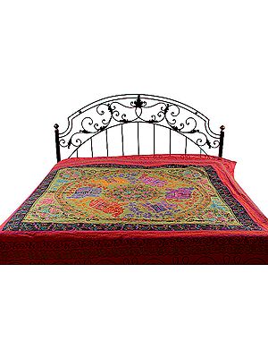 Green Gujarati Bedspread with Sequins and Six Appliqué Elephants