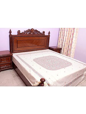 Cream Hand-Painted Folk Bedspread from Madhubani