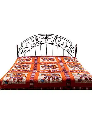 Orange Kutch Embroidered Bedspread with Appliqué Elephants