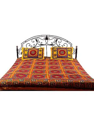 Multi-Color Kantha Stitch Bedspread with Printed Mandalas