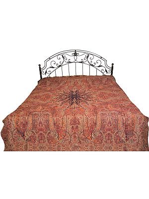 Rosewood Reversible Jamawar Bedspread from Amritsar with Woven Paisleys