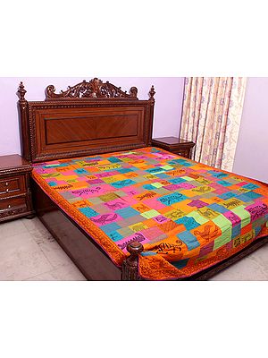 Multi-Color Printed Patchwork Bedcover from Ranthambore with Kantha Embroidery