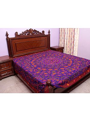 Purple Gujarati Bedspread with A Chakravyuh of Elephants