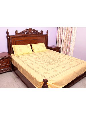 Chikan Hand-Embroidered Pale-Yellow Bedspread from Lucknow