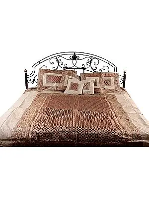 Ivory and Brown Seven-Piece Banarasi Bedcover with Brocade Weave