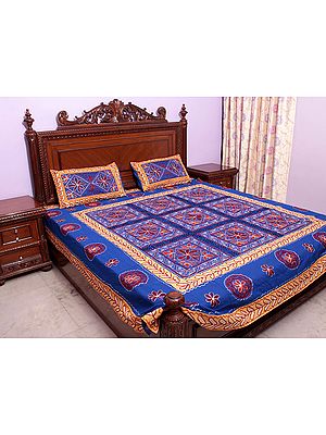 Royal-Blue Gujarati Bedspread with Hand-Embroidery All-Over