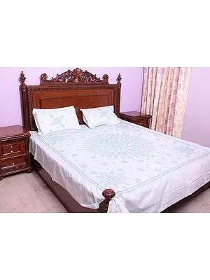 Chikan Hand-Embroidered Pale-Cyan Bedspread from Lucknow