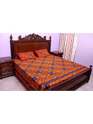 Multi-Color Kantha Stitch Bedspread with Printed Tassellations