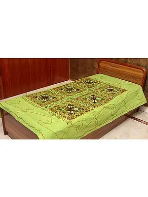 Green Single-Bed Gujarati Bedspread with Embroidered Flowers