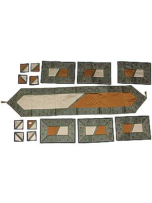 Ivory and Mustard Thirteen Piece Banarasi Dinner Set with Golden Thread Weave and Green Brocaded Border