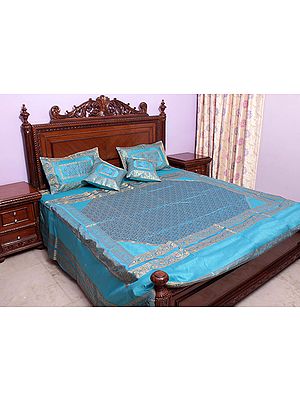 Turquoise Brocaded Bedcover from Banaras with All-Over Tanchoi Weave
