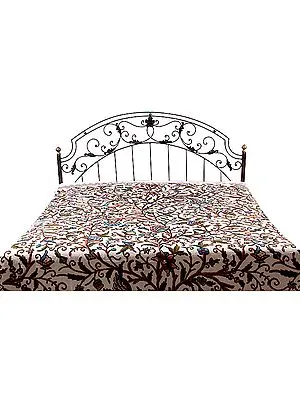 Ivory Kashmiri Bedcover with Dense Ari Embroidery by Hand