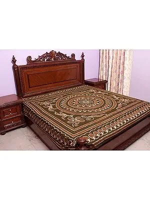 Moss-Green Batik Bedspread with Printed Flowers