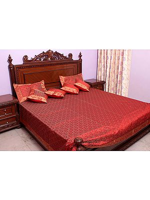 Red Tanchoi Bedcover from Banaras with All-Over Weave
