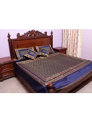 Royal-Blue Tanchoi Bedcover from Banaras with All-Over Weave