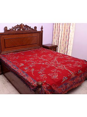 Red Double-Sided Jamawar Bedspread with Woven Tree of Life