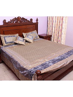 Gray Tanchoi Bedcover from Banaras with All-Over Woven Flowers