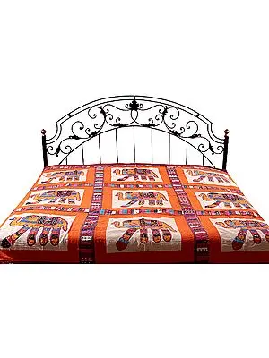 Orange Kutch Embroidered Bedspread with Appliqué Elephants