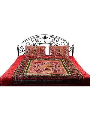 Multi-Color Gujarati Bedspread with All-Over Embroidery and Sequins