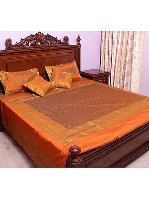 Mustard Tanchoi Bedcover from Banaras with All-Over Weave