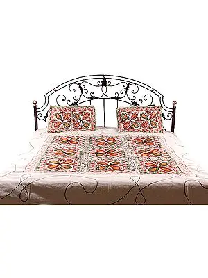 Ivory Gujarati Bedspread with All-Over Embroidery
