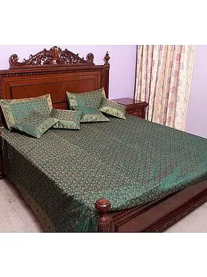 Green Tanchoi Bedcover from Banaras with All-Over Weave