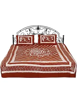 Rustic-Brown Batik Bedspread from Kutch with Printed Florals and Motifs