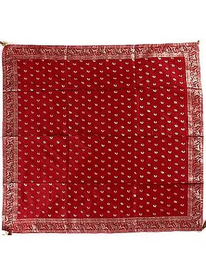 Red Meenakari Table Cover from Banaras with Woven Elephants and Peacocks