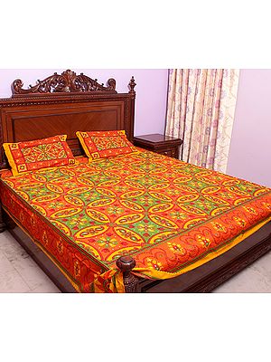 Orange and Green Kantha Stitch Bedspread with Printed Palms