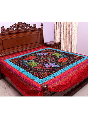Black Gujarati Bedspread with Sequins and Six Appliqué Elephants